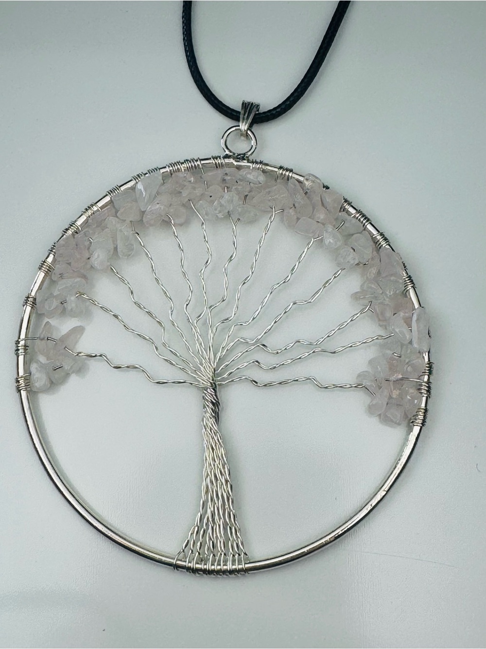 Silver tone  Tree of Life Pendant Necklace with Rose Quartz Chips